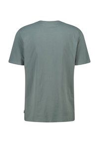 Mint green cotton t-shirt, short sleeves, crew neck, soft texture, plain design, and a small label at the side seam.