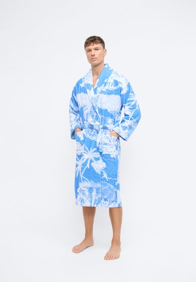 Robô azul com padrões tropicais brancos, cinto de laço e bolsos. Feito de tecido macio com um design solto, até ao joelho.