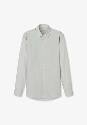 Herrenhemd mit langen Ärmeln zum Knöpfen, in hellgrauen und weißen vertikalen Streifen, spitzem Kragen und geknöpften Manschetten.