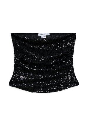 Top nero a fascia senza spalline coperto da piccoli paillettes nere lucide, taglia piccola, con etichetta del marchio Terranova.