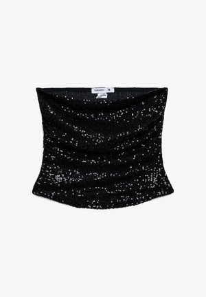Top nero a fascia senza spalline coperto da piccoli paillettes nere lucide, taglia piccola, con etichetta del marchio Terranova.