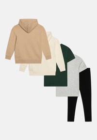 Sæt bestående af fire hættetrøjer og leggings: beige, creme, grøn, grå i blødt stof; har hætte, lange ærmer og elastisk talje. Sorte leggings inkluderet.