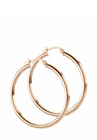 Rose gold hoop earrings featuring a smooth, polished surface, round shape, and a hinge closure for secure wear.