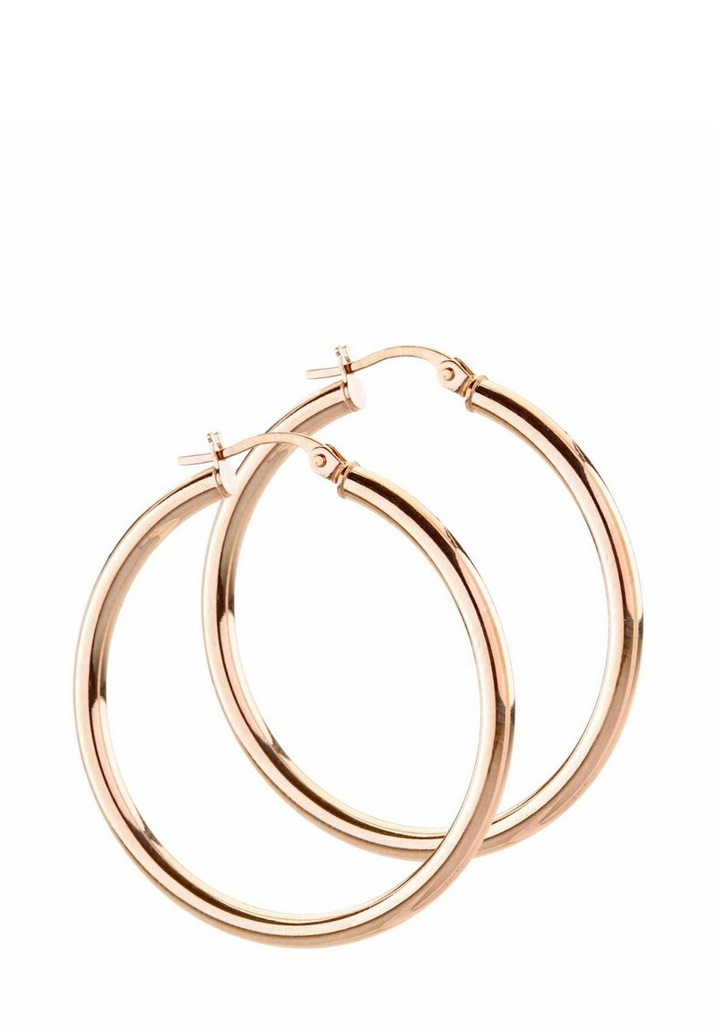 Rose gold hoop earrings featuring a smooth, polished surface, round shape, and a hinge closure for secure wear.