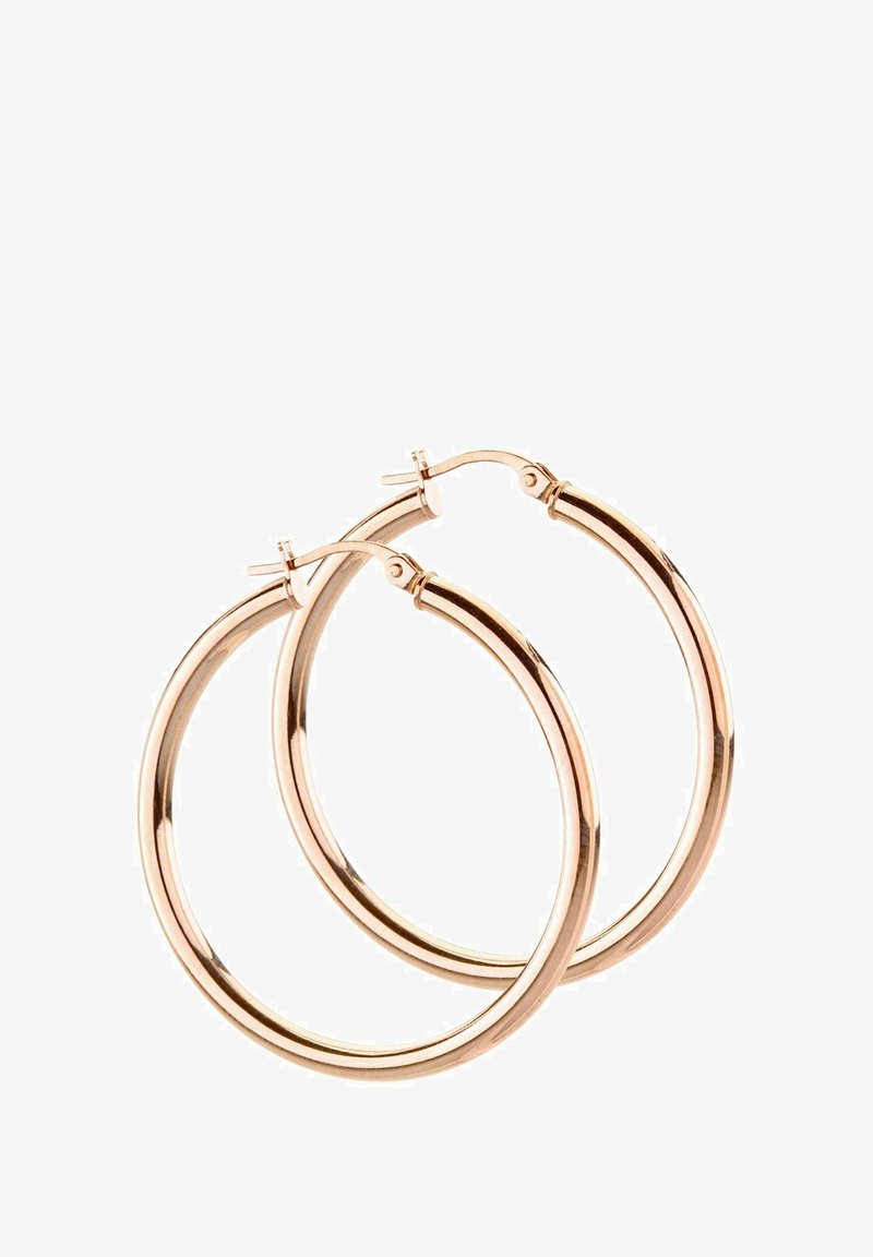 Rožių aukso auskarai, turintys lygų, poliruotą paviršių, apvalią formą ir užsegimą su vyriais, kad būtų užtikrintas saugus dėvėjimas.