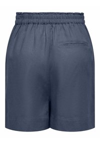 Marinblå linshorts med elastisk midja, bakficka och avslappnad passform. Slät textur med sydd fåll.