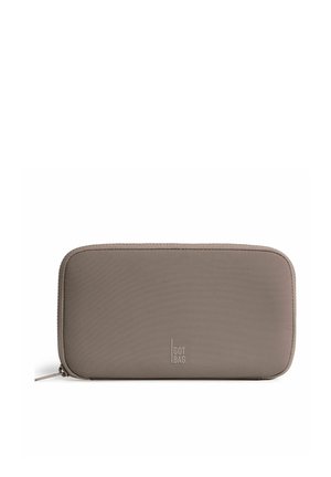 Rectangular taupe zippered pouch with rounded edges, textured fabric, and "GOT BAG." logo centered on front.