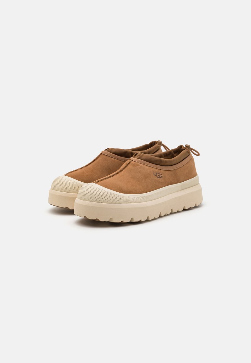 Braune Wildleder-Slipper mit beiger Gummisohle, strukturiertem Zehenschutz und elastischem Kragen für ein einfaches Anziehen. UGG-Logo an der Seite sichtbar.