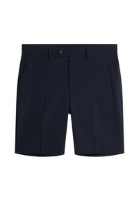 Marineblaue Shorts aus leichtem Stoff, mit flachem Vorderteil, zwei Seitentaschen und Knopfverschluss. Schlichte Linien und minimalistisches Design.
