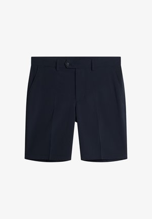 Pantaloni corti blu realizzati in tessuto leggero, dotati di una patta frontale piatta, due tasche laterali e chiusura con bottone. Linee pulite e design minimalista.