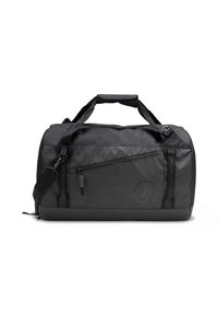 Borsa a tracolla nera con superficie testurizzata, tracolla regolabile, manici doppi, tasca laterale con zip e un logo su un lato.