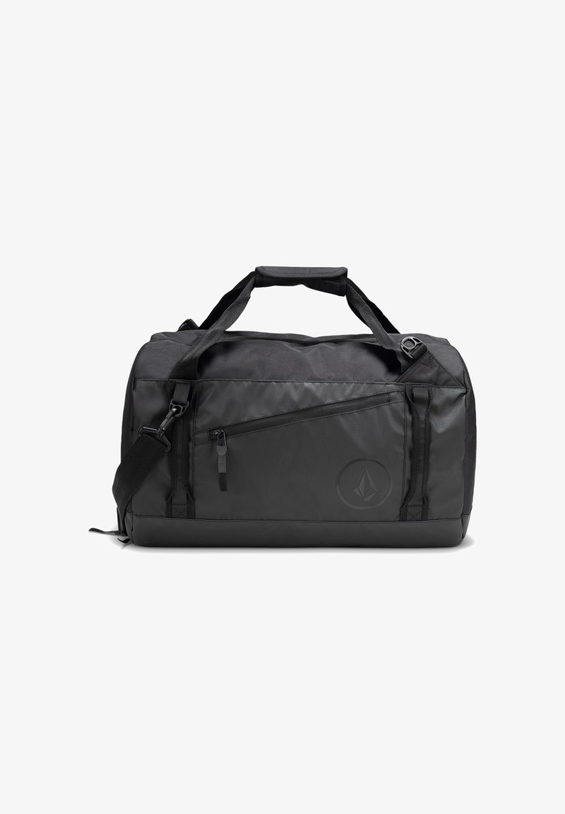 Borsa a tracolla nera con superficie testurizzata, tracolla regolabile, manici doppi, tasca laterale con zip e un logo su un lato.