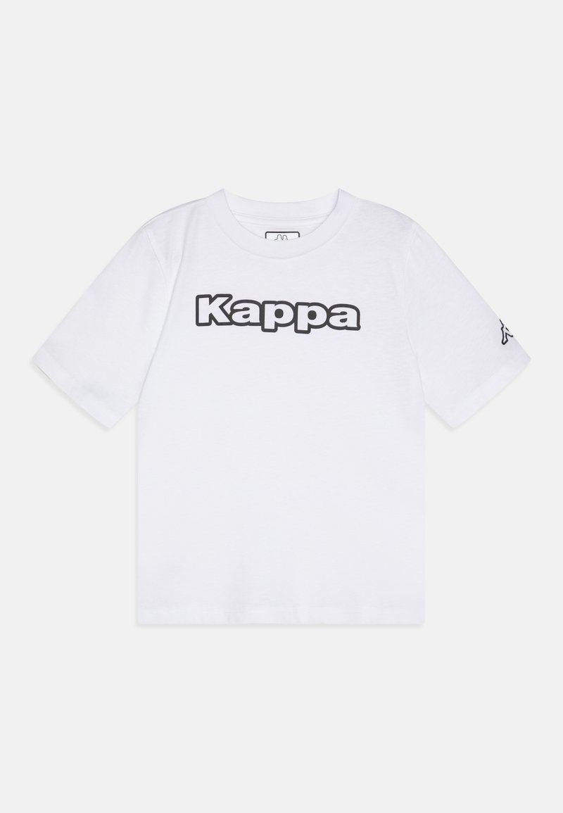 Bela bombažna majica s črnim logotipom "Kappa" čez prsi in majhnim črnim logotipom na levem rokavu. Kratki rokavi, krojena ovratnika.