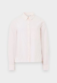 Camicia button-up rosa chiaro con colletto, maniche lunghe e una tasca sul petto. Presenta sottili righe verticali e una vestibilità rilassata.