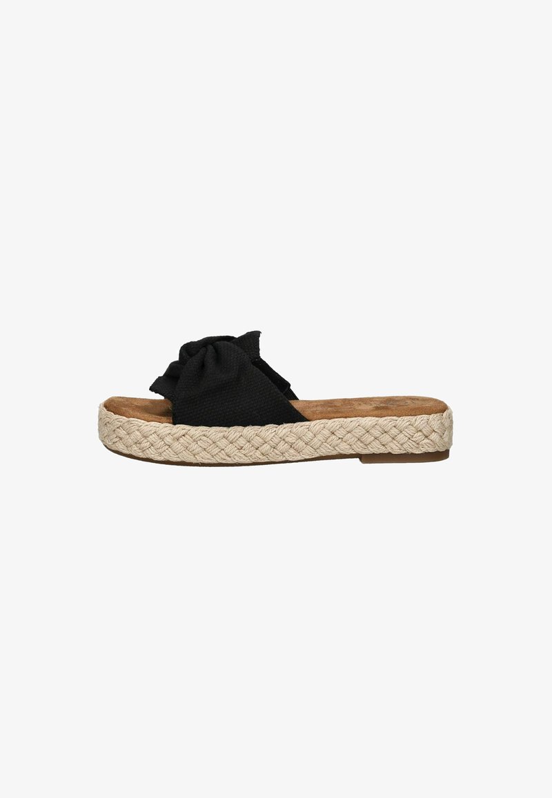 Sandal in tessuto nero intrecciato con un'accorta in tessuto annodata e una suola in juta strutturata. Il plantare è imbottito per il massimo comfort.