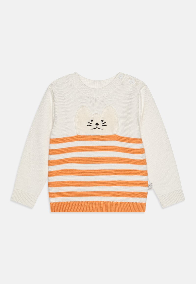 Sweater branco de malha com riscas laranja e bege, apresentando um design de rosto de gato no peito e detalhes em botão no ombro.