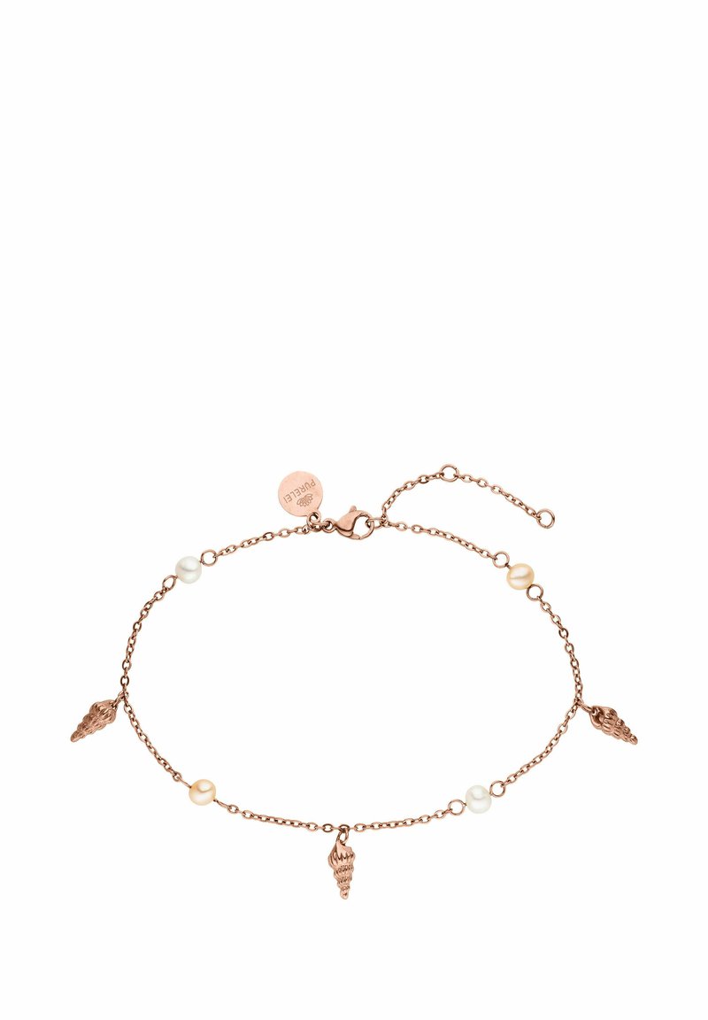 Armband aus Roségold mit drei Muschelanhängern und zwei runden Perlen, ausgestattet mit einer zarten Kette und einem Karabinerhaken zur Anpassung.