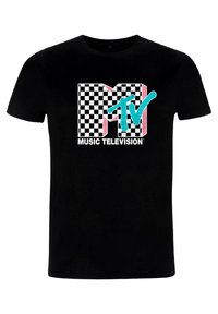 Czarny bawełniany t-shirt z logo MTV w szachownicę w białym, różowym i niebieskim kolorze, z napisem "MUZYKA TELEWIZJA" poniżej logo.