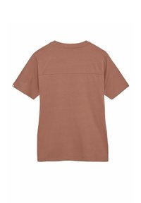 Bruine katoenen t-shirt met korte mouwen, ronde halslijn en een horizontale naad over de achterkant. Gladde textuur, klassieke pasvorm.