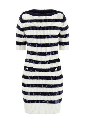 Robe courte à manches courtes en maille avec des rayures horizontales bleu marine et blanches, ornements en sequins, deux poches avant avec des boutons dorés.