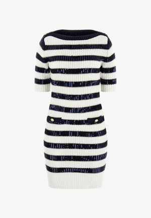 Robe courte à manches courtes en maille avec des rayures horizontales bleu marine et blanches, ornements en sequins, deux poches avant avec des boutons dorés.