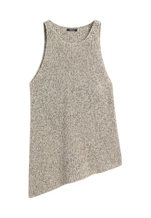 Débardeur sans manches en maille beige et gris chiné avec encolure ronde et ourlet légèrement évasé, posé à plat sur fond blanc.