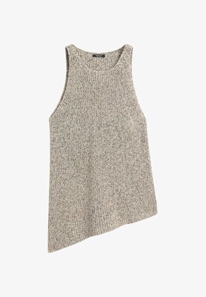 Canotta senza maniche in maglia beige e grigio mélange con scollatura tonda e orlo leggermente svasato, distesa su sfondo bianco.