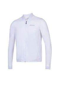 Hvid atletisk jakke med lange ærmer, frontlynlås, ribbede manchetter og talje, lavet af glat, letvægtsstof, med et logo på brystet.