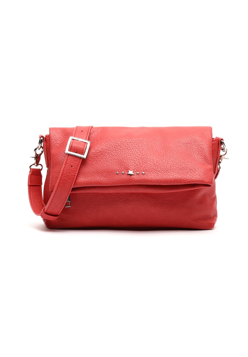 Red leather crossbody bag with a textured finish, a fold-over flap, and silver accents including stars and studs. Adjustable strap.