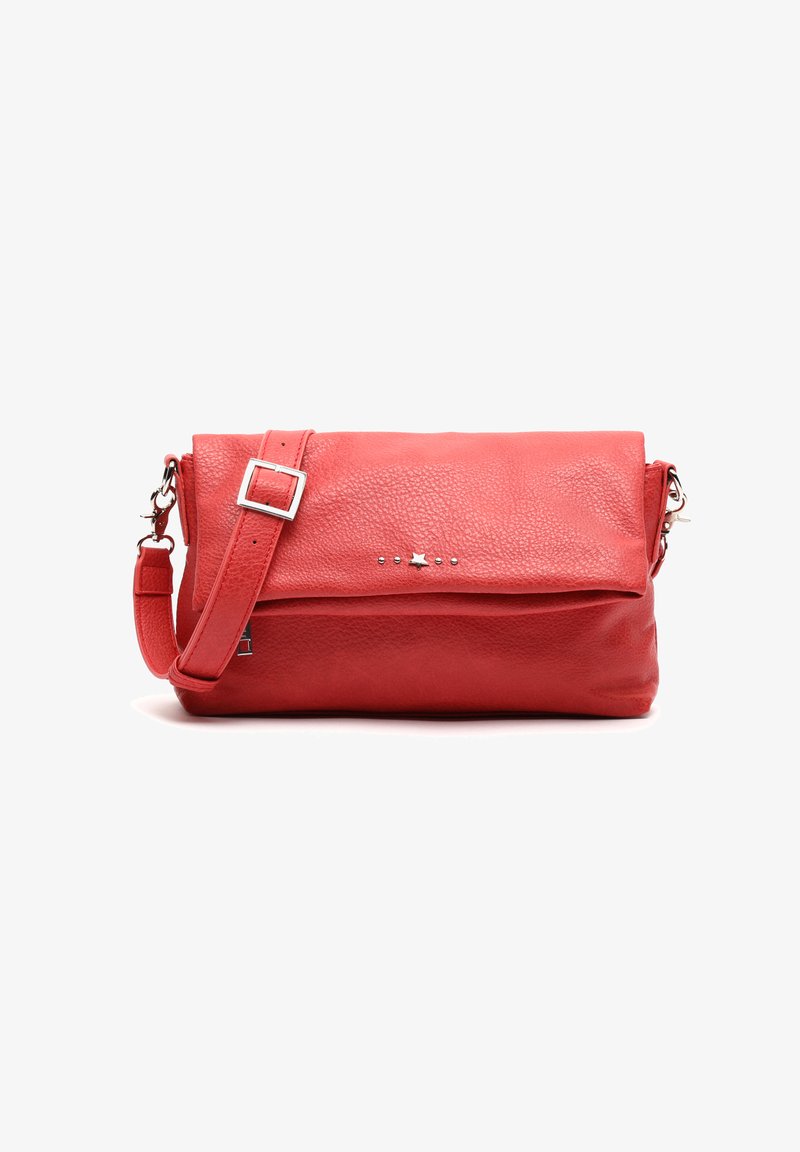 Red leather crossbody bag with a textured finish, a fold-over flap, and silver accents including stars and studs. Adjustable strap.