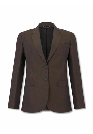 Dunkelbrauner, taillierter Blazer mit Revers, Zwei-Knopf-Verschluss vorne, langen Ärmeln und Pattentaschen auf Taillenhöhe.