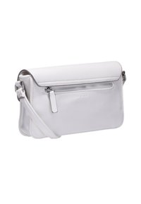 Hvid læder crossbody taske med en glat tekstur, lynlåslomme på fronten og justerbar rem. Runde kanter og minimalistisk design.