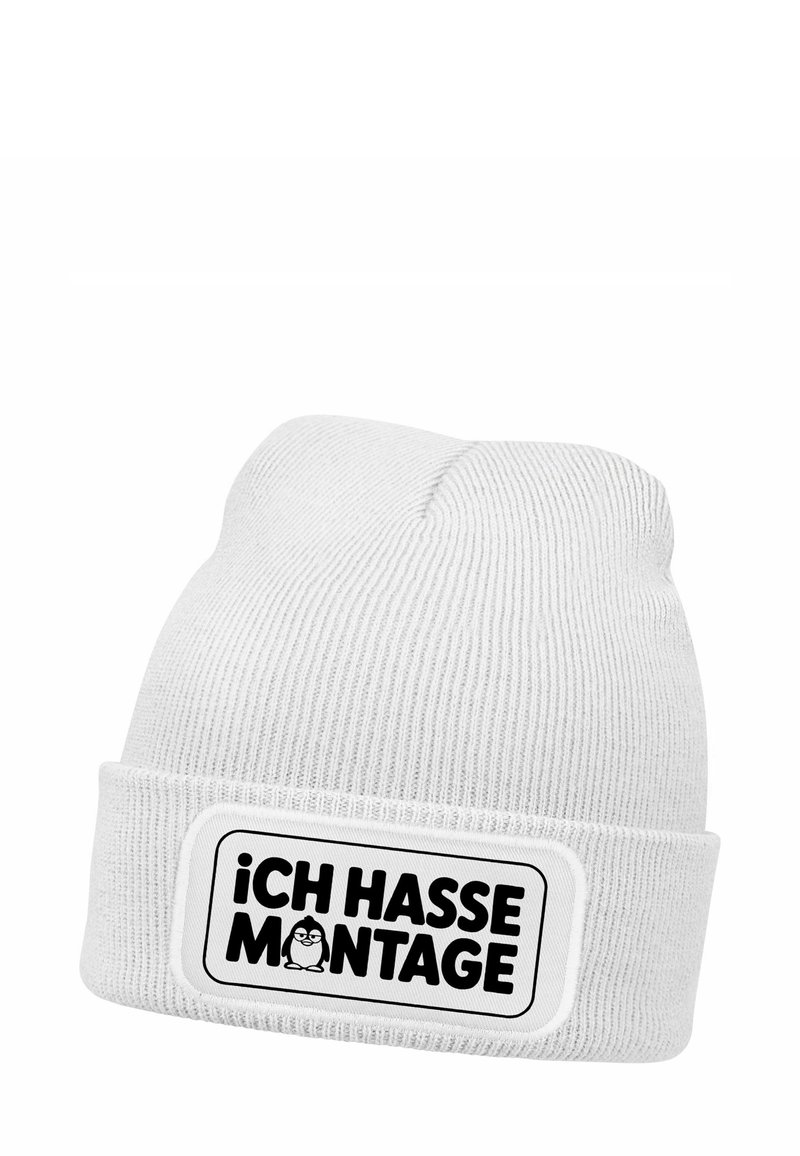 White knitted beanie with a folded cuff. Features a rectangular patch with black text "iCH HASSE MONTAGE" and an illustration of a penguin.