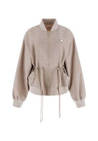Light beige bomber jacket with a subtle pattern, elasticized cuffs, drawstring waist, and gold-tone zipper. Triangle logo accent on chest.