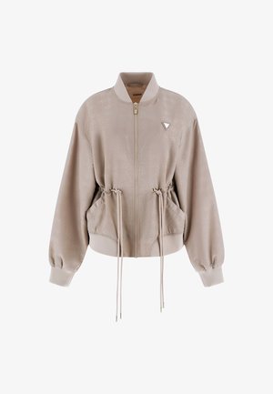 Šviesiai smėlio spalvos bomber tipo striukė su subtiliu raštu, elastinėmis rankovėmis, su raišteliu juosmenyje ir auksinės spalvos užtrauktuku. Trylikos formos logotipo akcentas ant krūtinės.