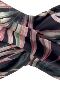 Tissu à motif floral noir avec des rayures roses, vertes et crème ; texture lisse ; détail de design torsadé au centre.