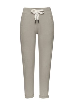 Light gray sweatpants made of soft fabric, featuring a drawstring waistband, two side pockets, and cuffed hems. Simple, functional design.