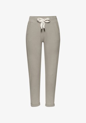 Light gray sweatpants made of soft fabric, featuring a drawstring waistband, two side pockets, and cuffed hems. Simple, functional design.