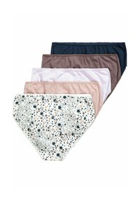 Set van zes paar damesonderbroekjes. De kleuren zijn donkerblauw, bruin, lichtroze, bleekroze en een witte bloemenpatroon met marineblauwe en gouden accenten.