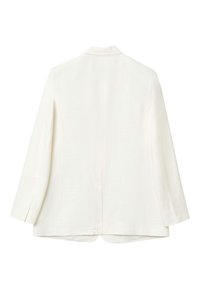 Blazer bianco e texturato con maniche lunghe, colletto a rever e spacchi laterali, caratterizzato da una linea dritta e da linee pulite sulla schiena.