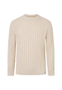 Cremefarbener gerippter Strickpullover mit rundem Halsausschnitt und langen Ärmeln. Besitzt strukturierte Muster und einen taillierten Saum an der Taille sowie an den Ärmeln.