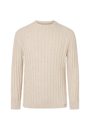 Krēma krāsas ribota adīta džemperis ar apaļu kakla izgriezumu un garām piedurknēm. Raksta tekstūras un pieguļošs apakšmalas un aproču dizains.