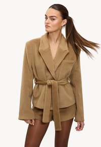 Blazer beige à texture douce avec col châle, taille ceinturée et manches longues ; comprend une poche avant et un tissu lisse et pelucheux.