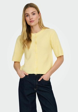 Jonge vrouw met een lichtgele korte mouwen gebreide vest met knopen en donkerblauwe spijkerbroek, staand met handen in de zakken.