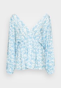 Blusa floral azul clara com mangas bufantes longas, decote em V profundo e cintura franzida. O tecido tem um aspecto suave e texturizado com pequenos padrões azuis.