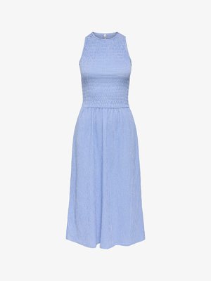 Mėlyna ir balta languota be rankovių suknelė, siekianti kelių, su prigludusiu liemeniu, apvalia iškirpte ir įsiūtu sijonu.