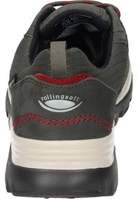 Gray fabric and suede sneaker with red stitching accents, a cushioned sole, and a pull tab at the back for easy wear.