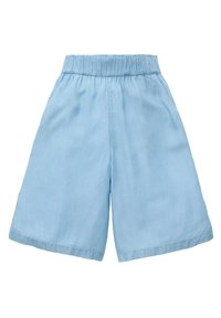 Lichtblauwe, knielange shorts met een elastische tailleband, gemaakt van een gladde, lichte stof. Heeft een eenvoudig, onopgesmukt ontwerp.