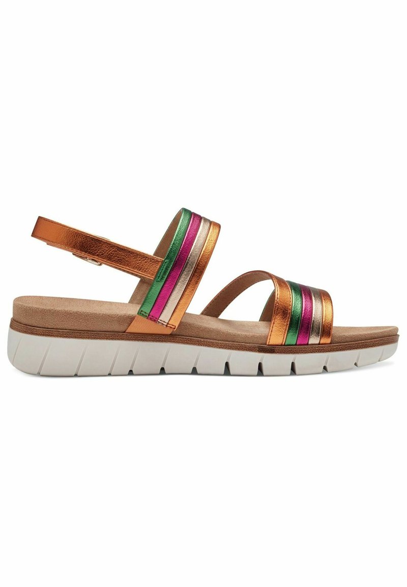 Sandali multicolori con cinturini in bronzo metallizzato, caratterizzati da accenti verdi, rosa e argento. Sola bianca spessa con battistrada testurizzato.
