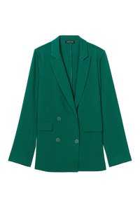 Green double-breasted blazer with a notched collar, front pockets, and button closures. Made from a textured fabric, with long sleeves.